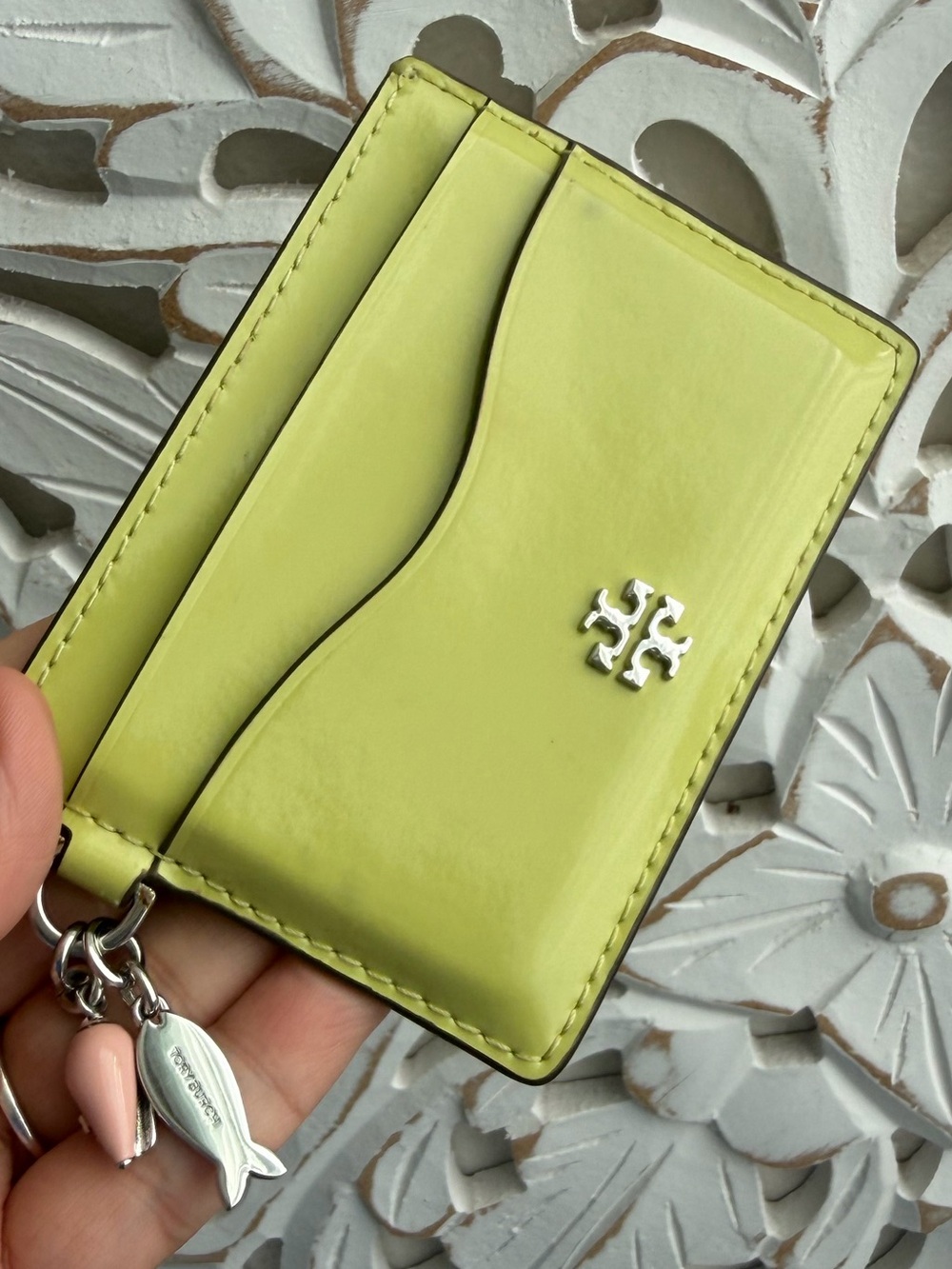 Tory Burch Lime Green Leather Card Case with Charm